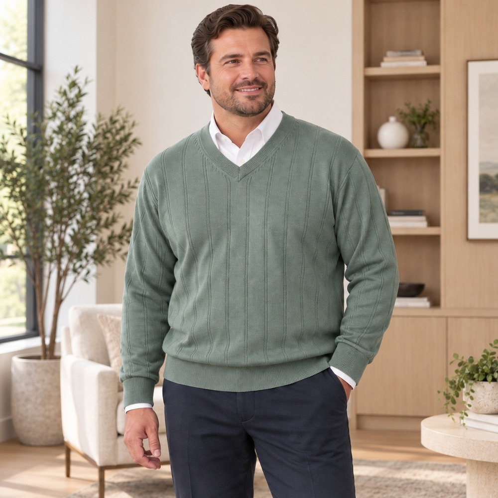 Tehama Clint V-Neck Sweater XL Sage Green 100% Merino Wool Ribbed Knit Pullover